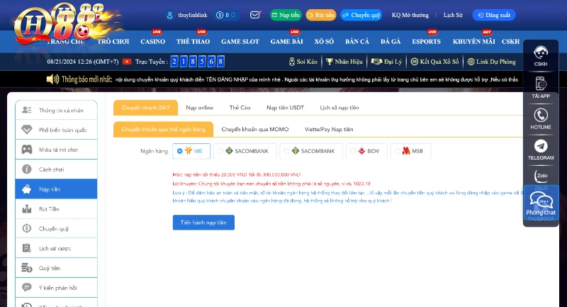Đôi nét về quá trình nạp tiền QH88